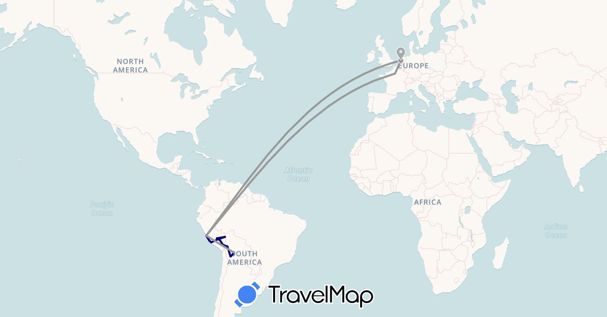 TravelMap itinerary: driving, plane in Bolivia, France, Netherlands, Peru (Europe, South America)