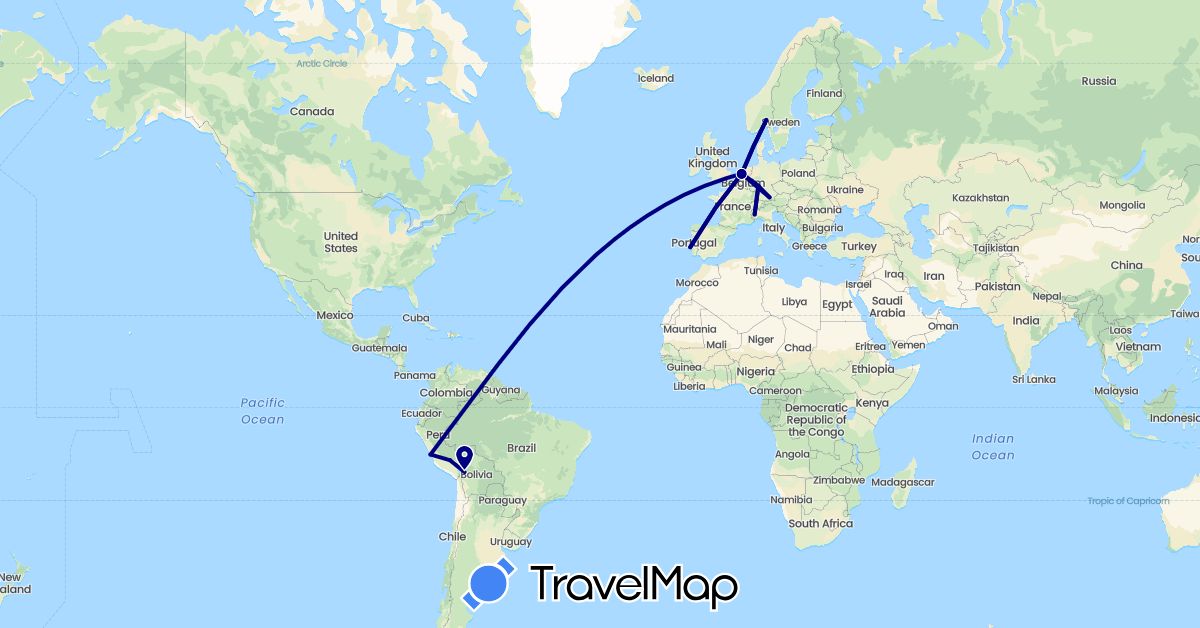TravelMap itinerary: driving in Bolivia, Germany, Italy, Netherlands, Norway, Peru, Portugal (Europe, South America)